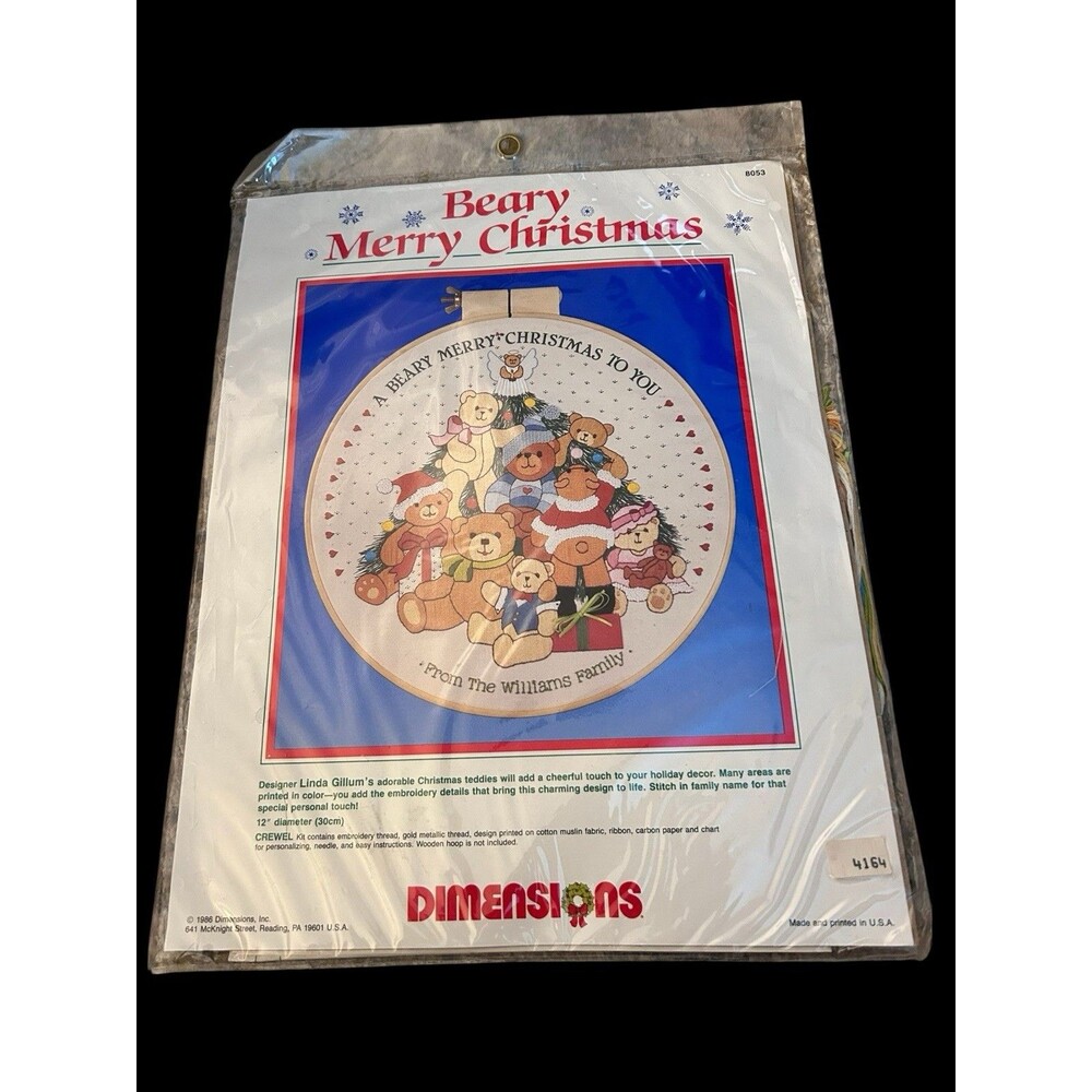 Vtg 1986 DIMENSIONS Beary Merry Christmas Teddy Bears Embroidery Kit #8053 NOS